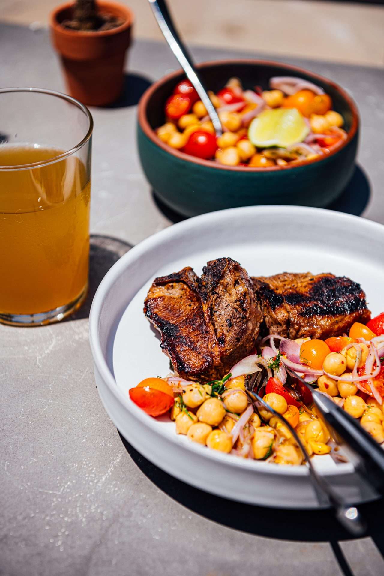 lamb loin chops with cucumber mint salad and sweet and smoky tahini