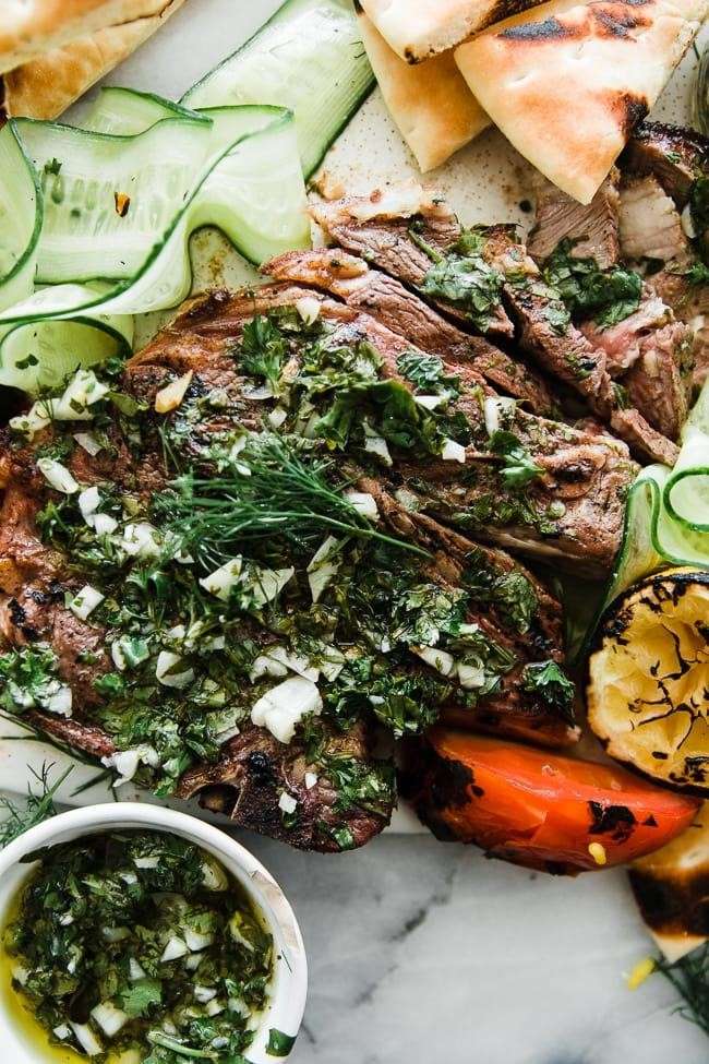 lamb loin chops with cucumber mint salad and sweet and smoky tahini