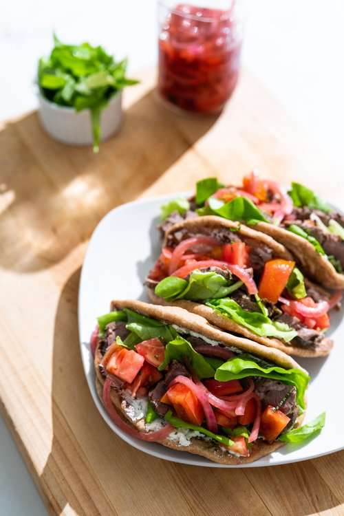 lamb loin chops with cucumber mint salad and sweet and smoky tahini
