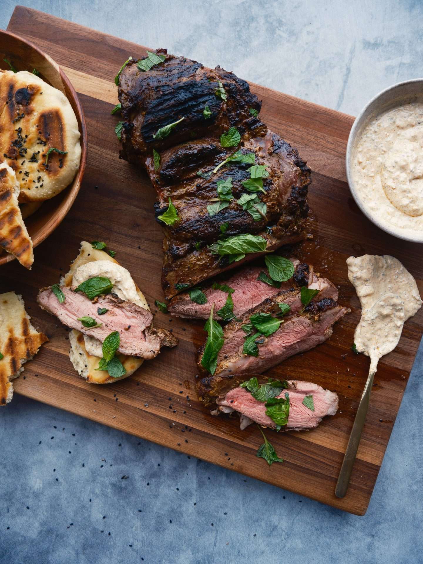 lamb loin chops with cucumber mint salad and sweet and smoky tahini