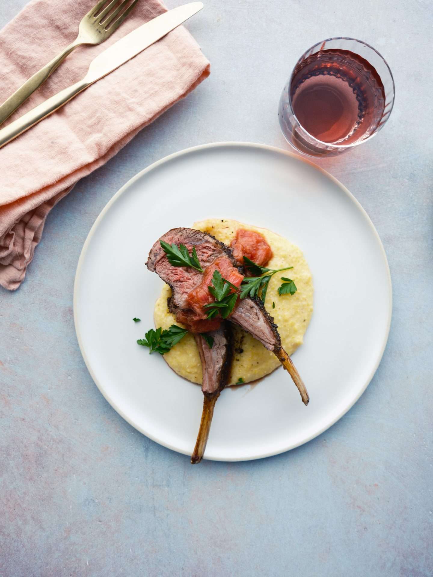 lamb loin chops with cucumber mint salad and sweet and smoky tahini