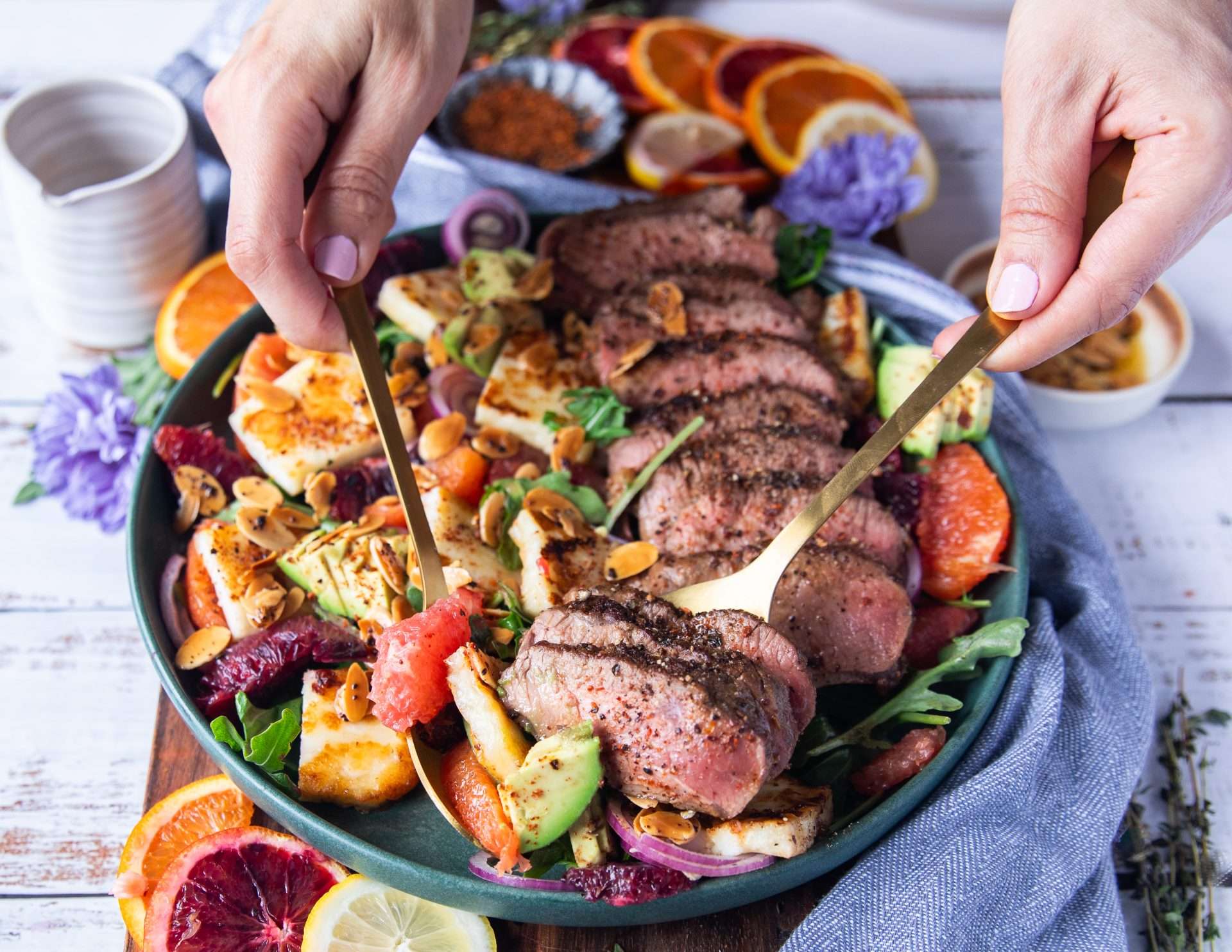lamb loin chops with cucumber mint salad and sweet and smoky tahini