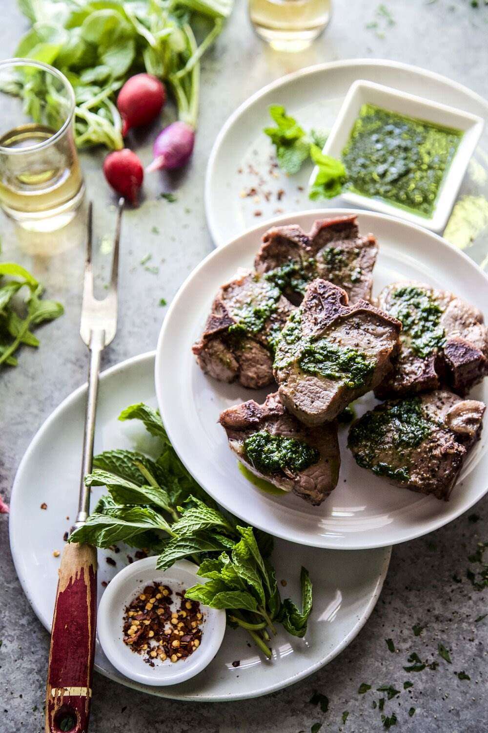lamb loin chops with cucumber mint salad and sweet and smoky tahini