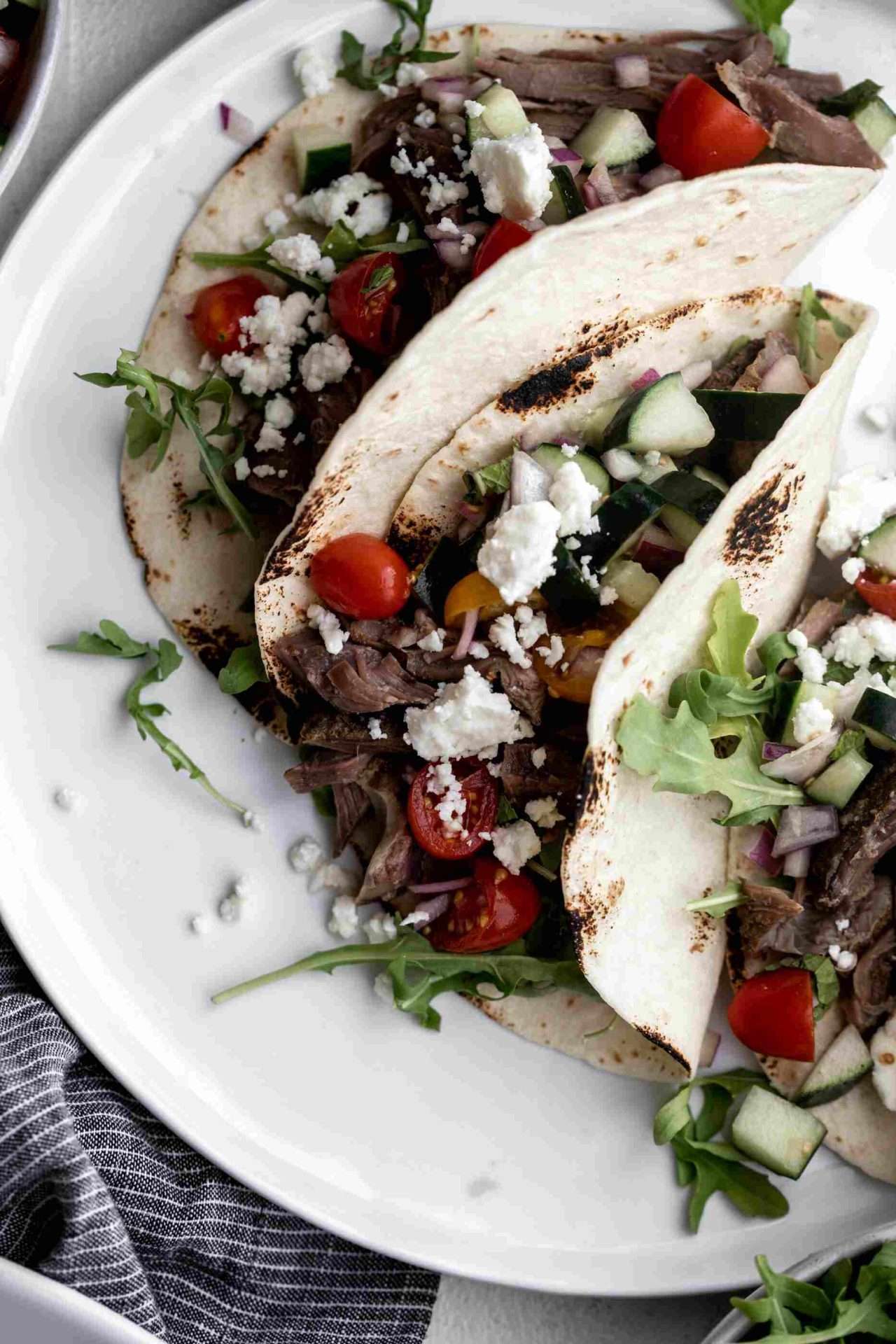 lamb loin chops with cucumber mint salad and sweet and smoky tahini