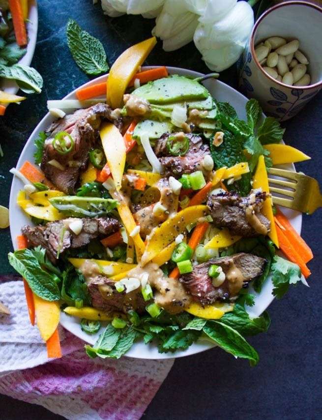 lamb loin chops with cucumber mint salad and sweet and smoky tahini