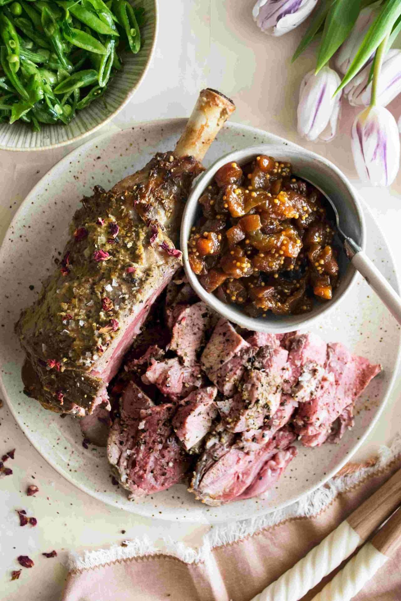 lamb loin chops with cucumber mint salad and sweet and smoky tahini
