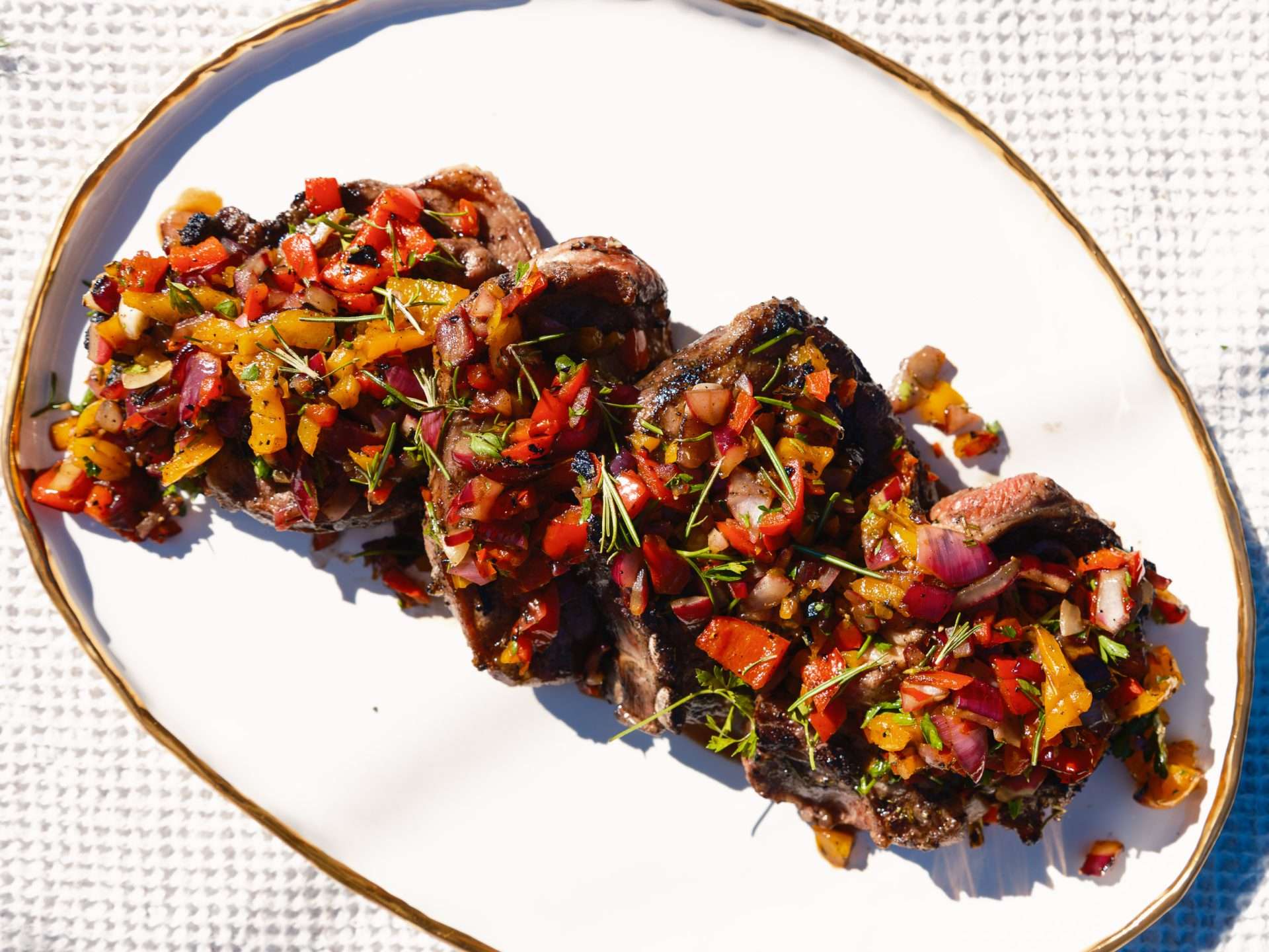 lamb loin chops with cucumber mint salad and sweet and smoky tahini