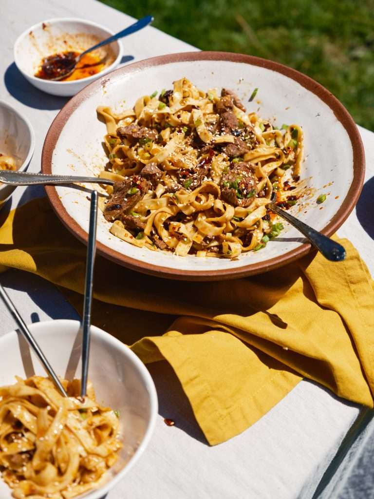 Lamb noodles in bowls