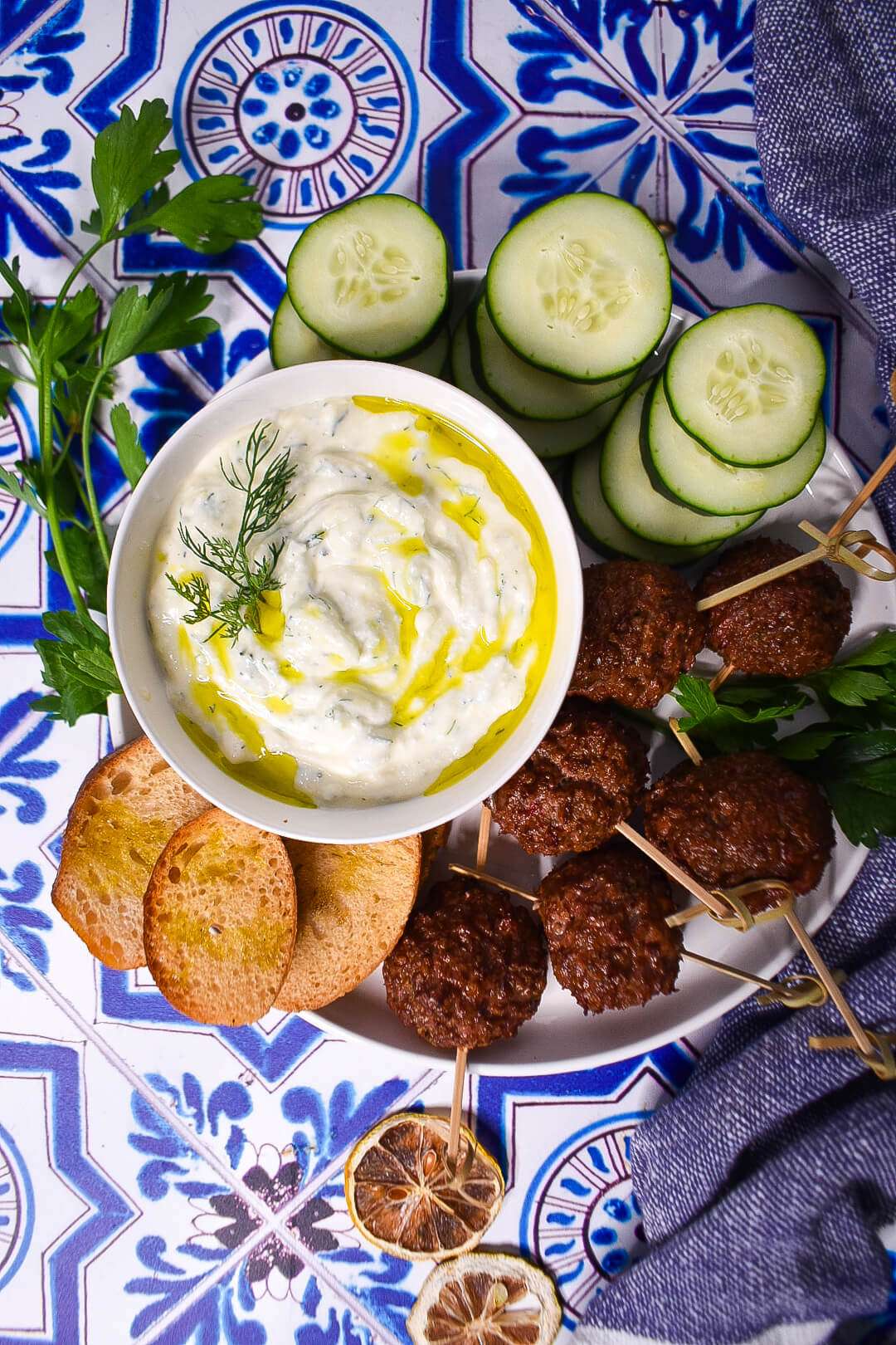 lamb loin chops with cucumber mint salad and sweet and smoky tahini