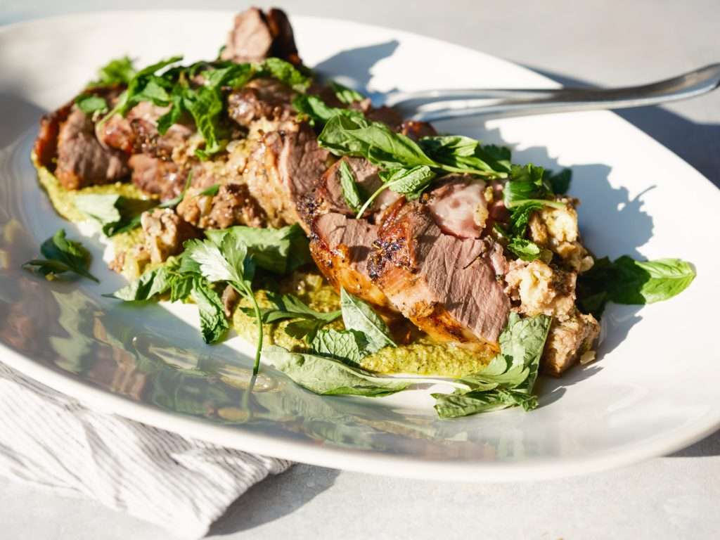 Roasted Leg of American Lamb with Pistachio Pesto and Cranberry Ciabatta Stuffing