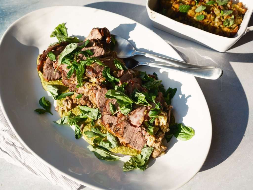Roasted Leg of American Lamb with Pistachio Pesto and Cranberry Ciabatta Stuffing
