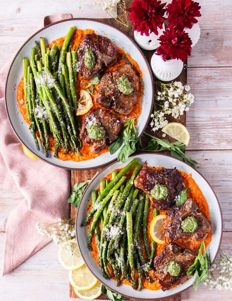 american lamb chops and romesco sauce
