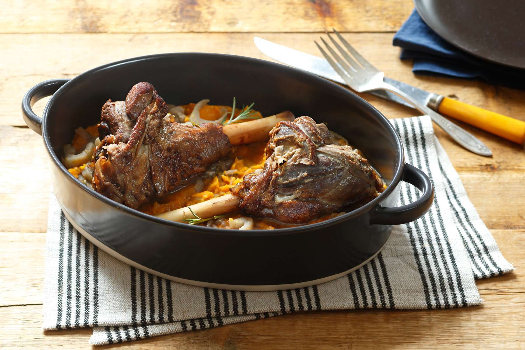 Red wine braised shanks with butternut squash and parsnip puree