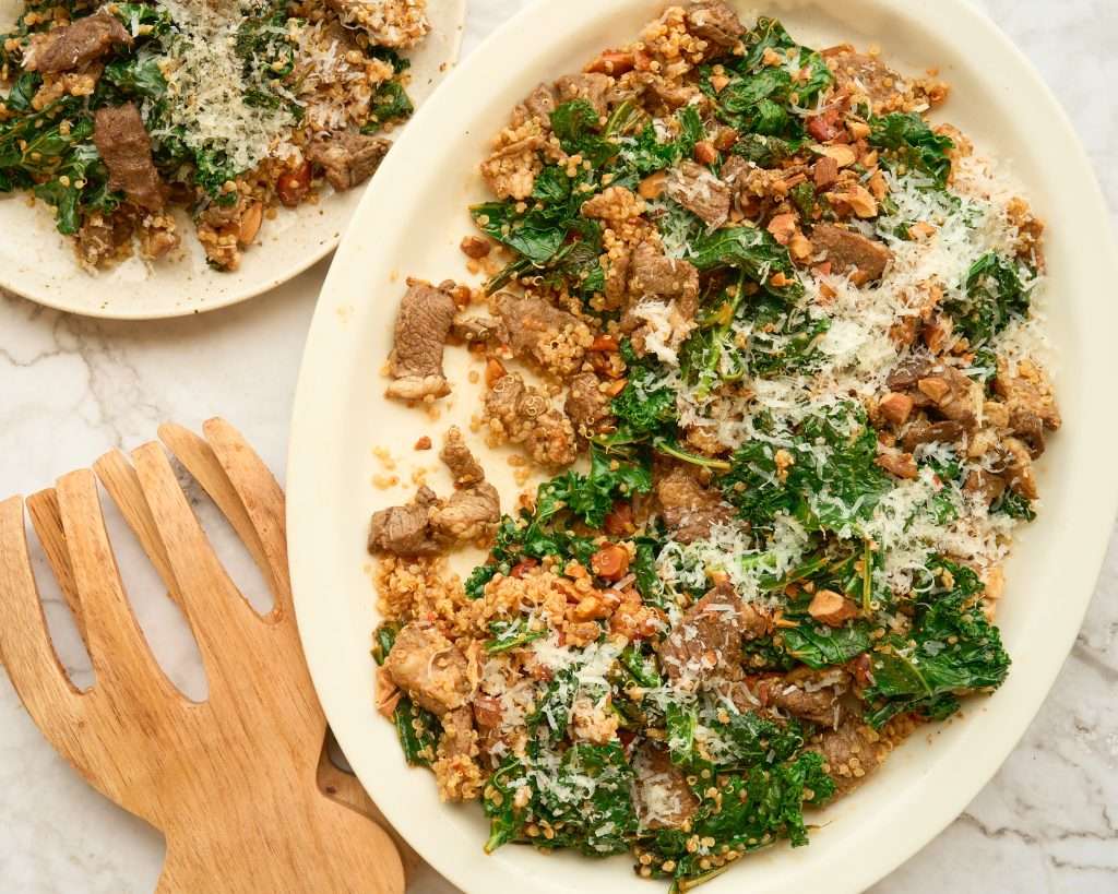 Warm kale salad with american lamb and quinoa