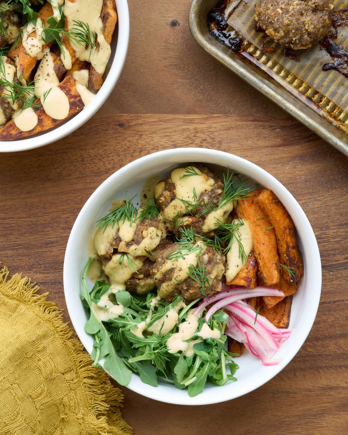 Feta and Almond Meatballs with Sweet Potato Fries 
