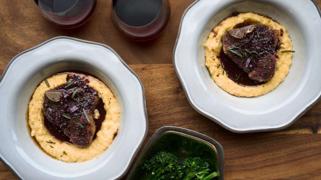 Lamb Chops with Red Wine Sauce and Brown Butter Polenta 
