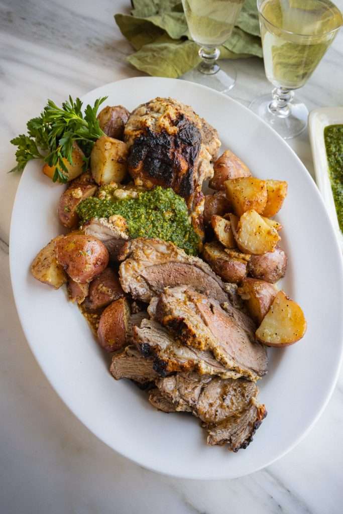 Roasted Coriander Leg of Lamb & Potatoes with Parsley & Pistachio Chimichurri