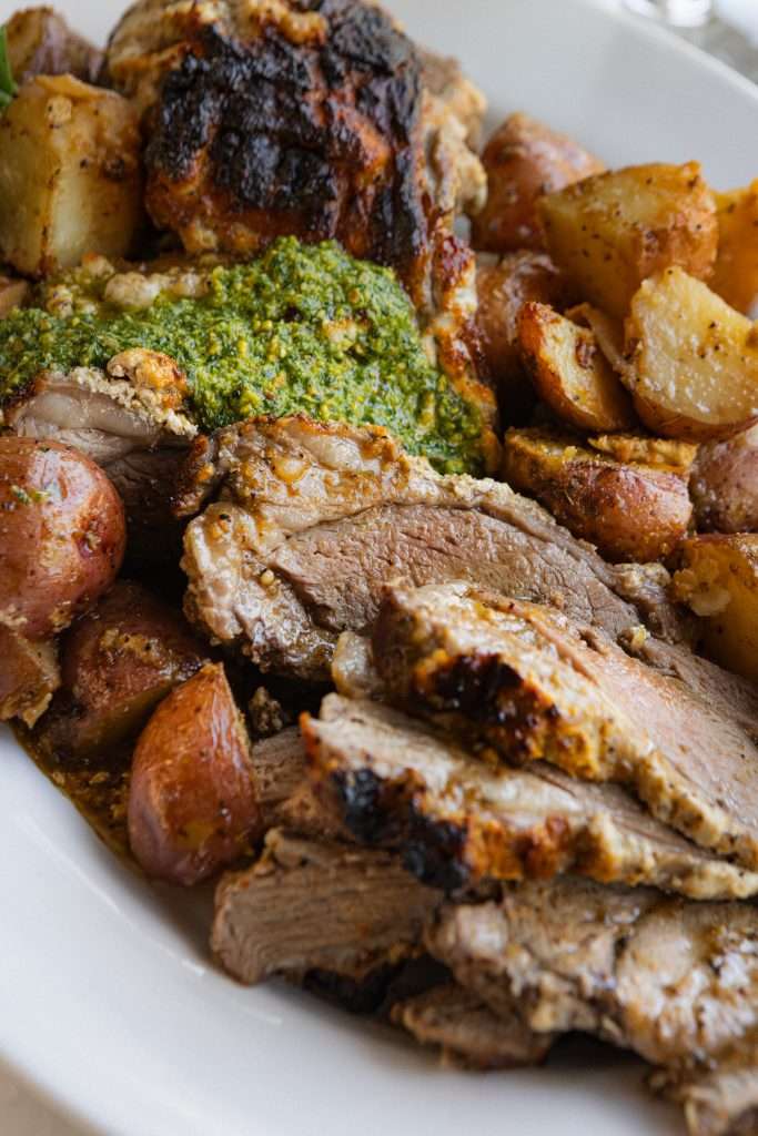 Roasted Coriander Leg of Lamb & Potatoes with Parsley & Pistachio Chimichurri