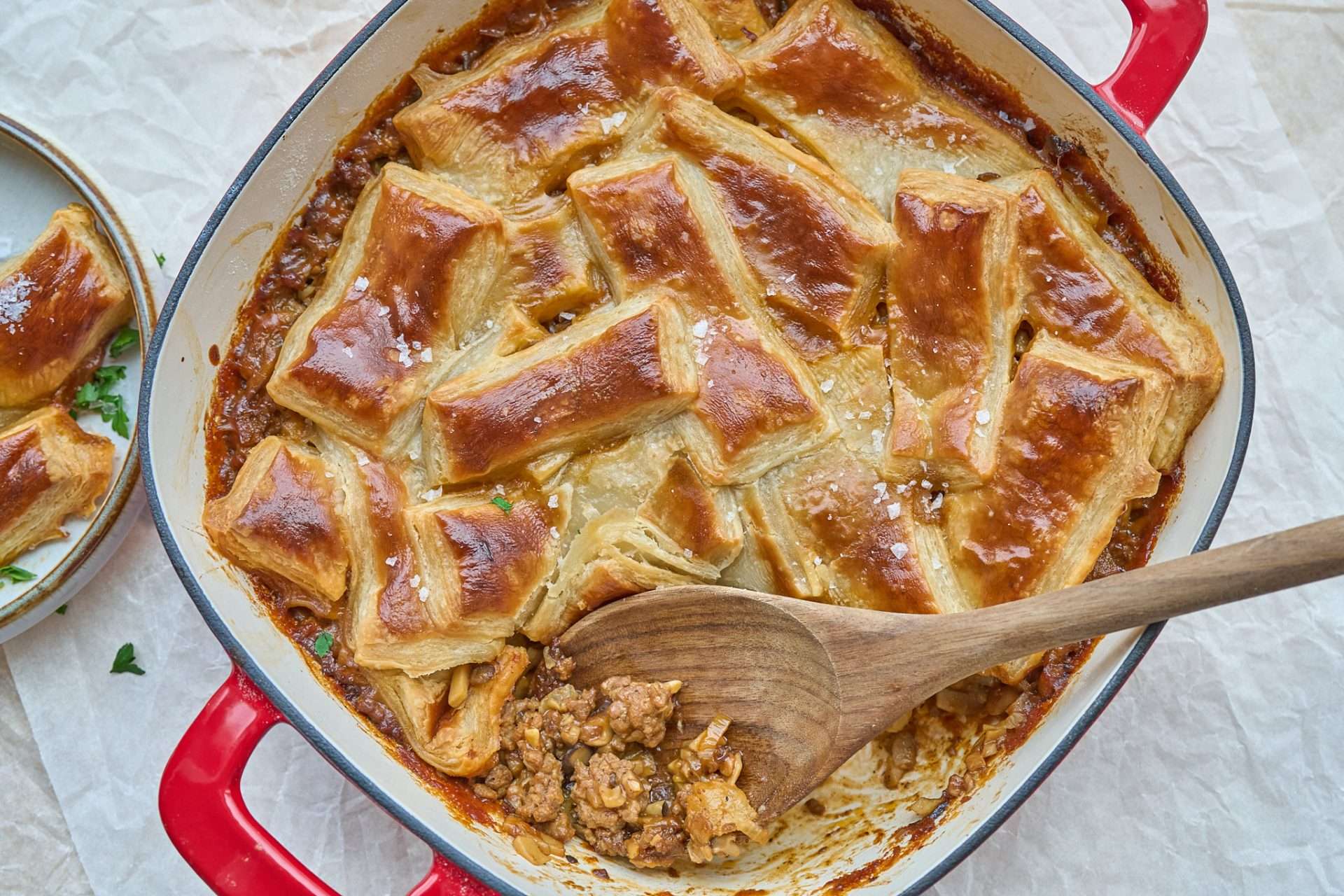 Homemade lamb and mushroom puff pastry pot pie with tender lamb, mushrooms, and a buttery flaky crust